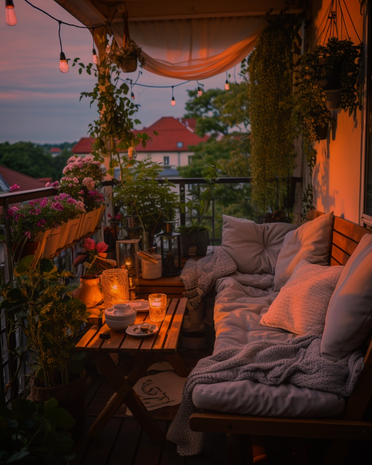 sonnenuntergang auf dem balkon mit einer menge hängepflanzen