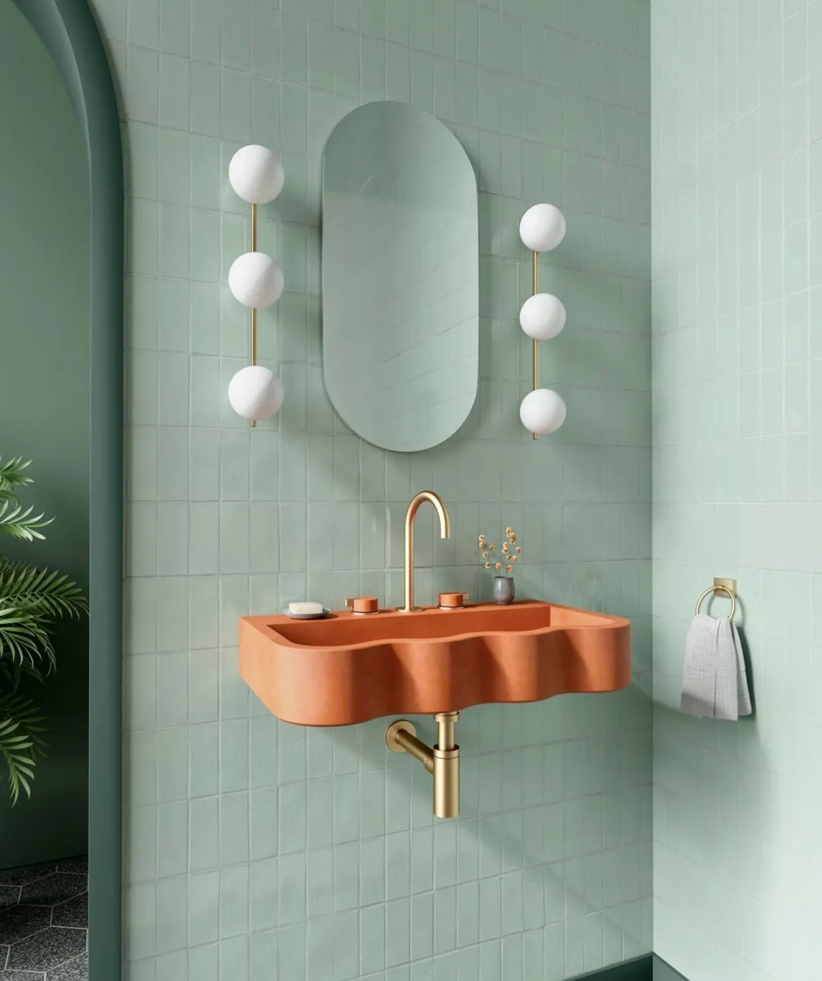 badezimmer einrichtung waschbecken orange und gold