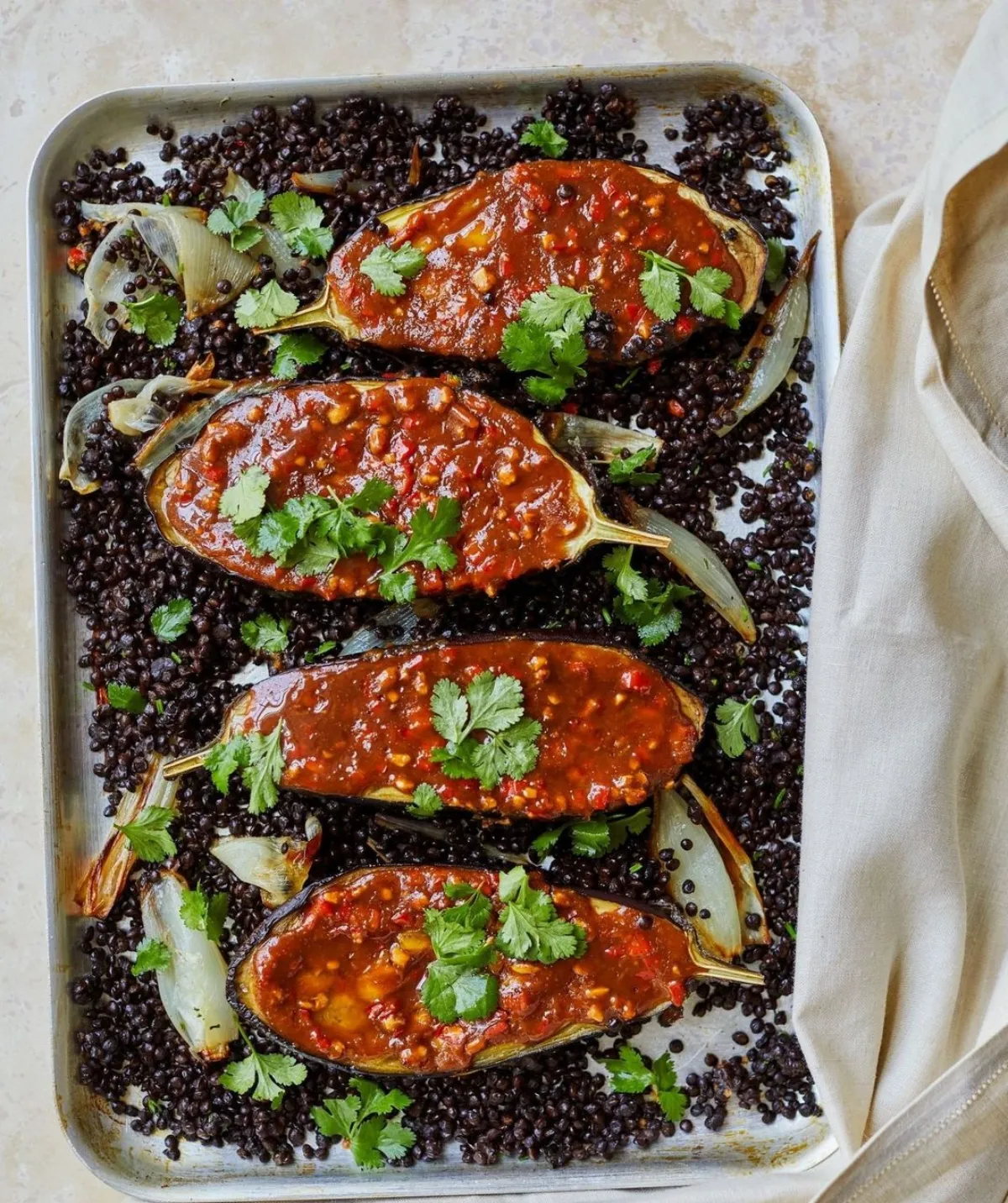 leckerer gericht auberginen mit tomatensoße und petersilie