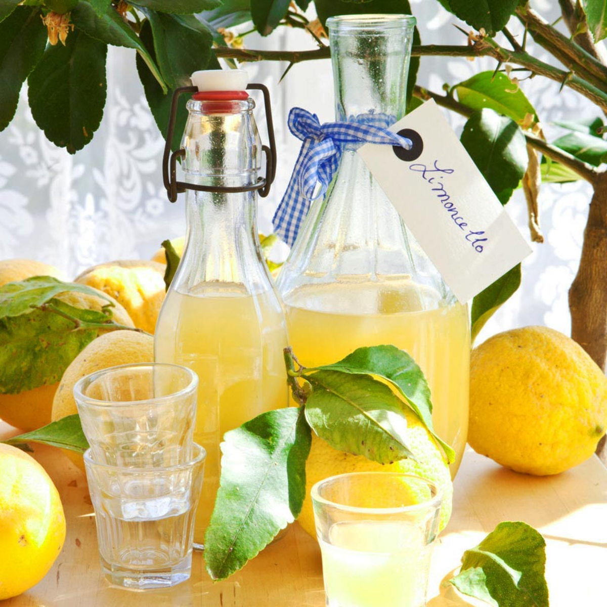 flaschen und gläser mit hausgemachtem limoncello