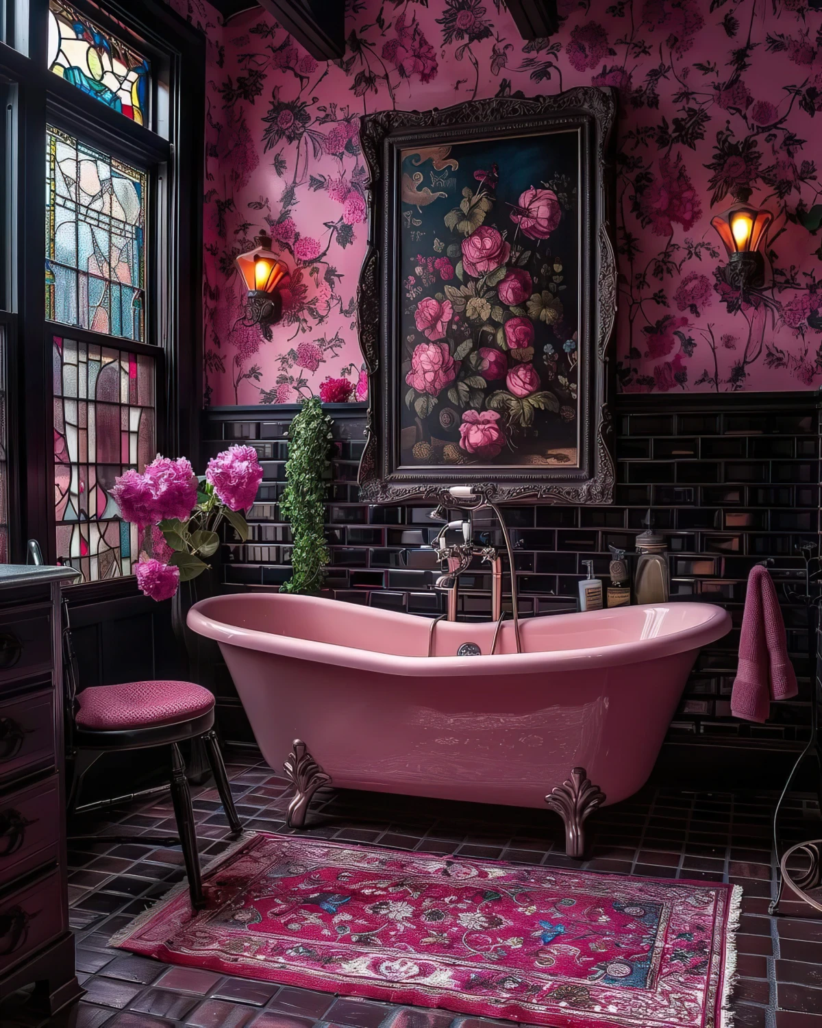 dunkles rosa mit floralen tapeten badezimmer dezone vintage innendesign