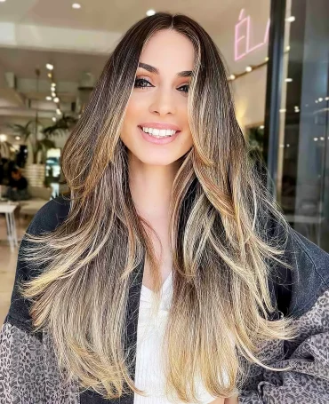 stufenschnitt lange haare glatt balayage braun blond trenige damenschnitte und farben 2024 elanofficiaal