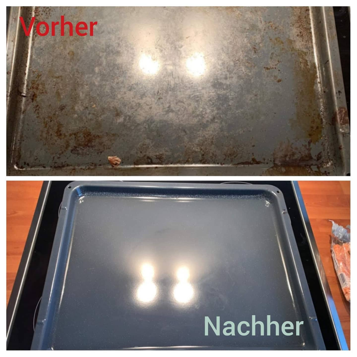 vor und nach dem reinigen des backblechs