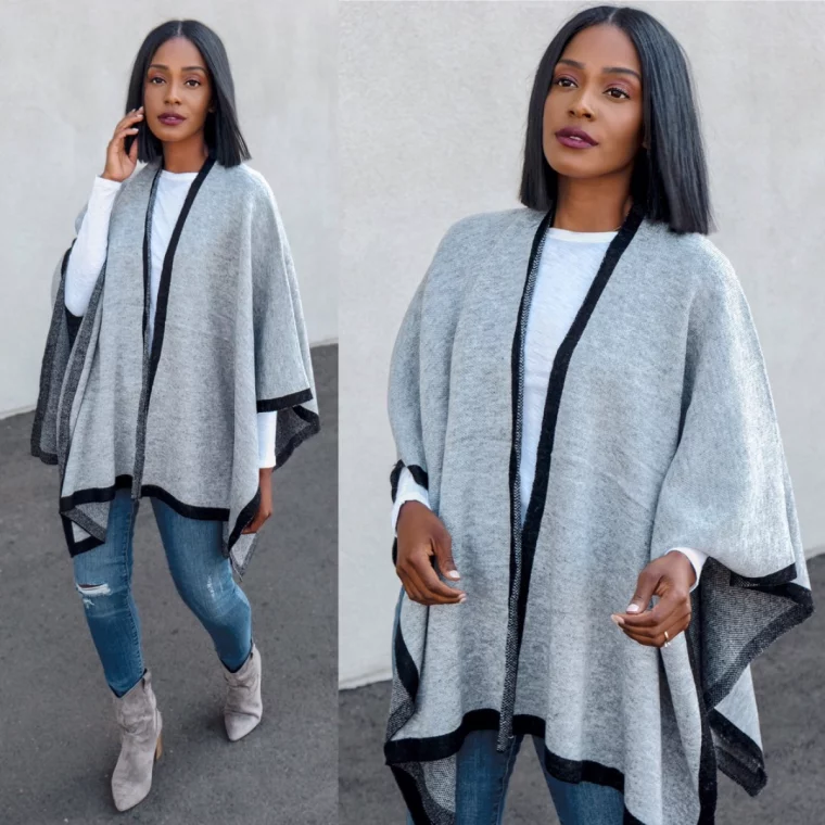 poncho und skinny jeans und stiefel mit absatz kombinieren