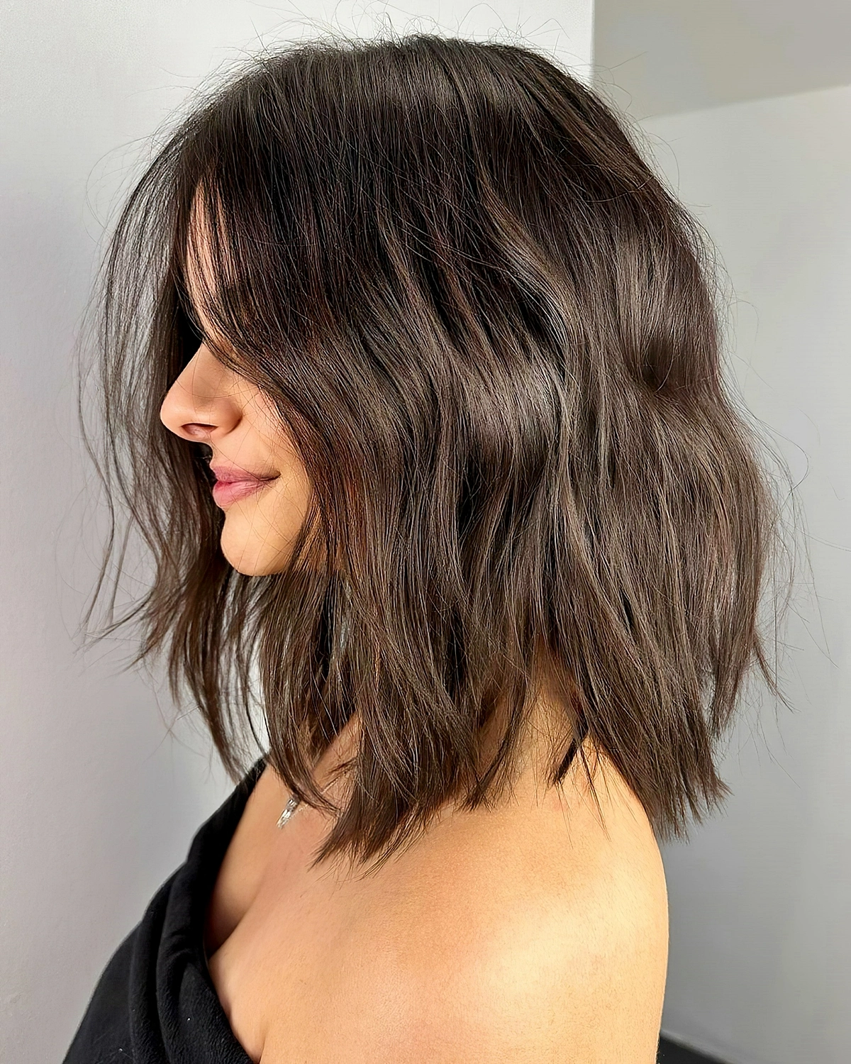 haarfarbe dunkelbraun long bob soft fluffy lob