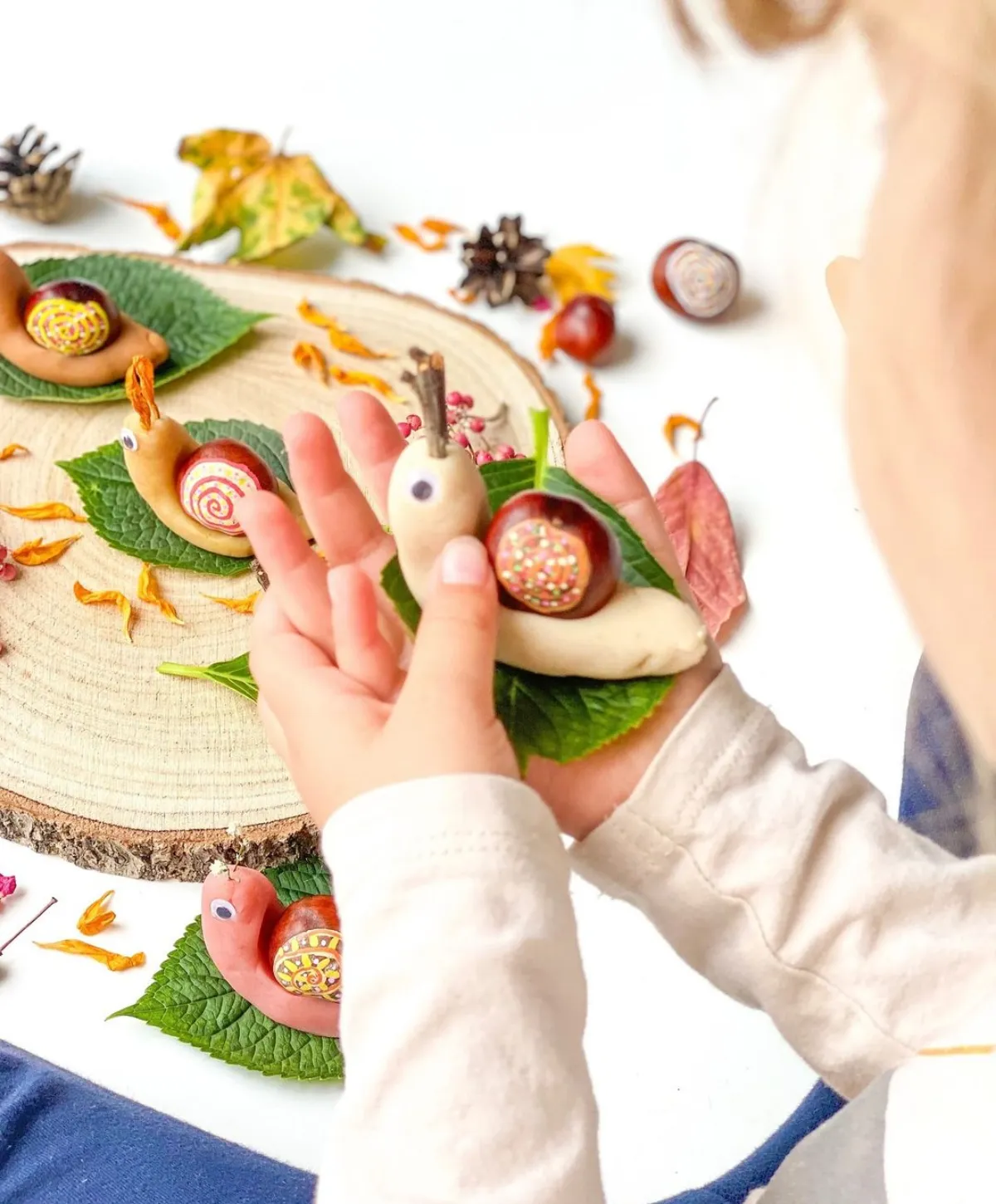 kinder basteln schnecken mit kastanien und knete