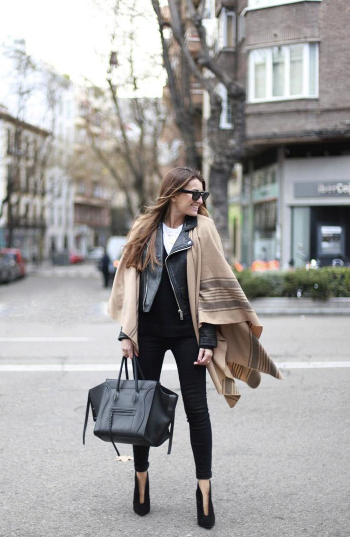 poncho with leather jacket