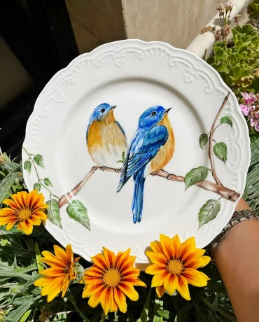 teller bemalen einzigartiges design mit realistische voegeln am zweig  porcelainpainting