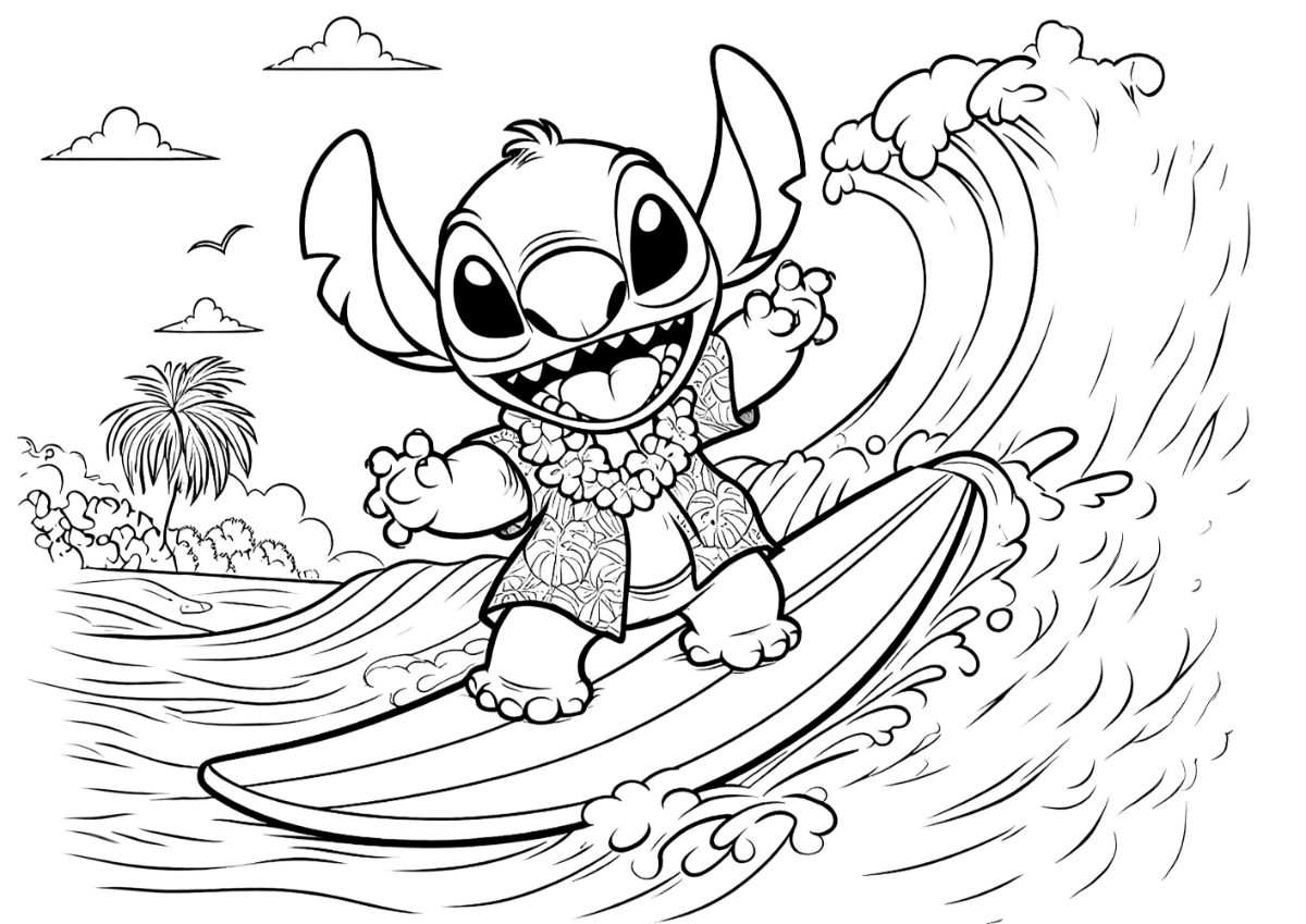 ausmalbild stitch surfen auf hawaii