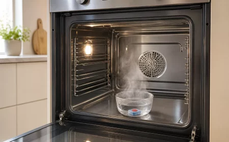 Backofen reinigen mit Geschirrspültabs: dampfende Glasschale im sauberen Ofen