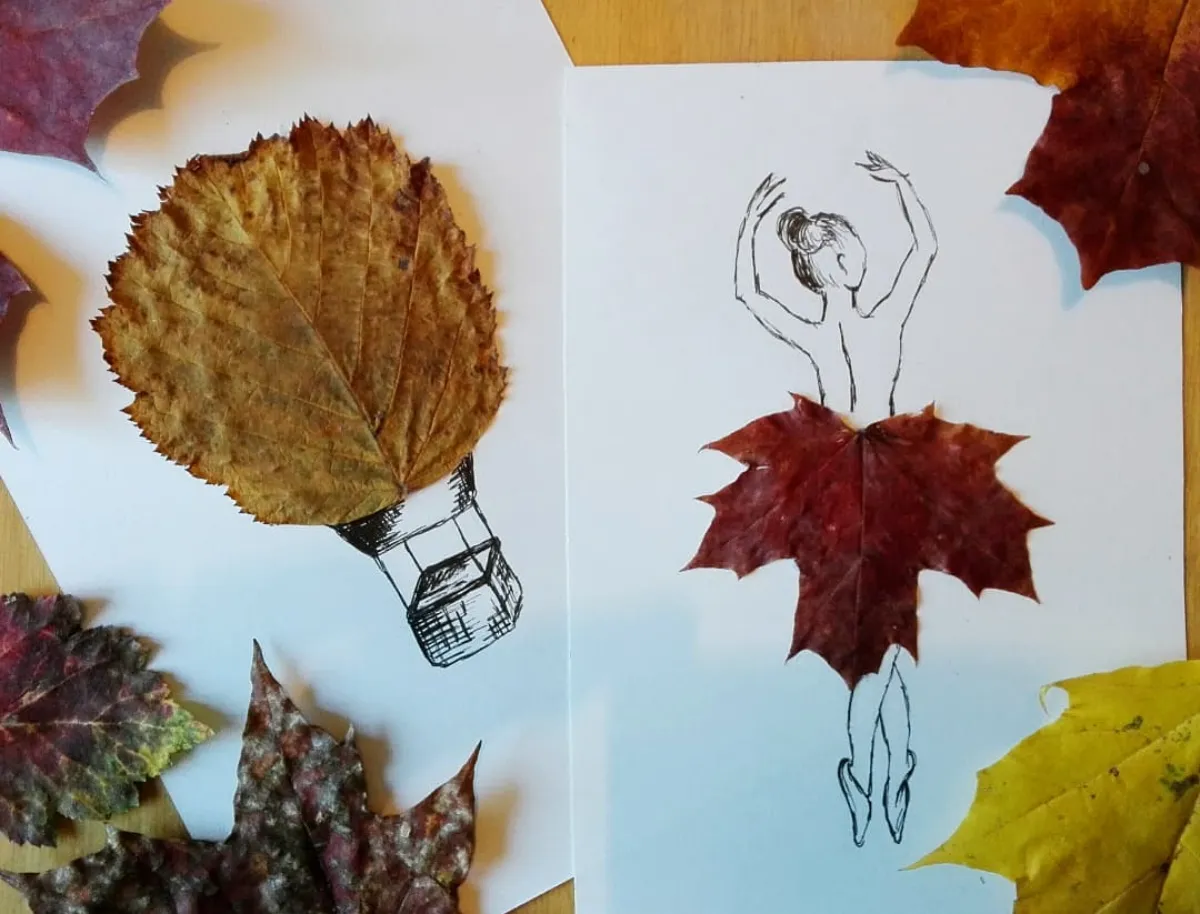 bastelideen mit herbstblättern für kinder ballerina mit rock aus herbstblatt und ballon