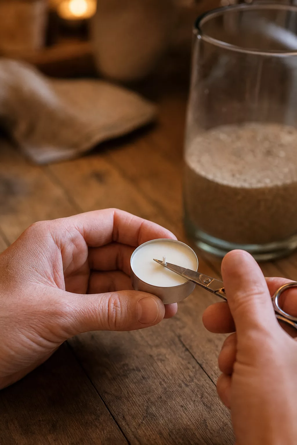 Hände kürzen den Docht eines Teelichts mit einer kleinen Schere