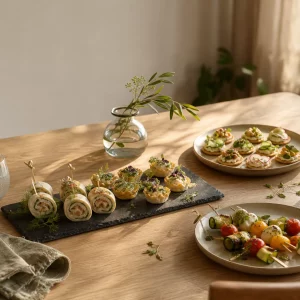 Schnelles Fingerfood am Vortag zubereiten: Buffet-Tisch mit kalten Häppchen