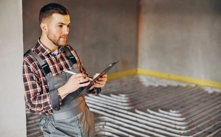 service man instelling house heating system under the floor