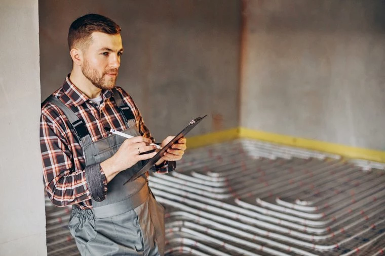 service man instelling house heating system under the floor