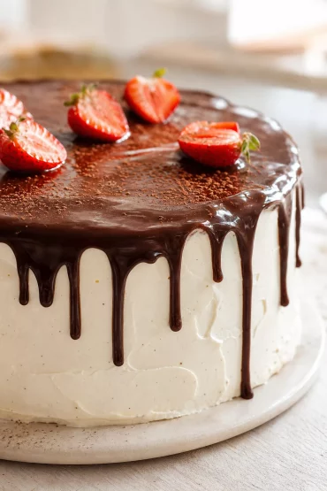 Nahaufnahme einer Torte mit Schokoladen Ganache Drip am Rand