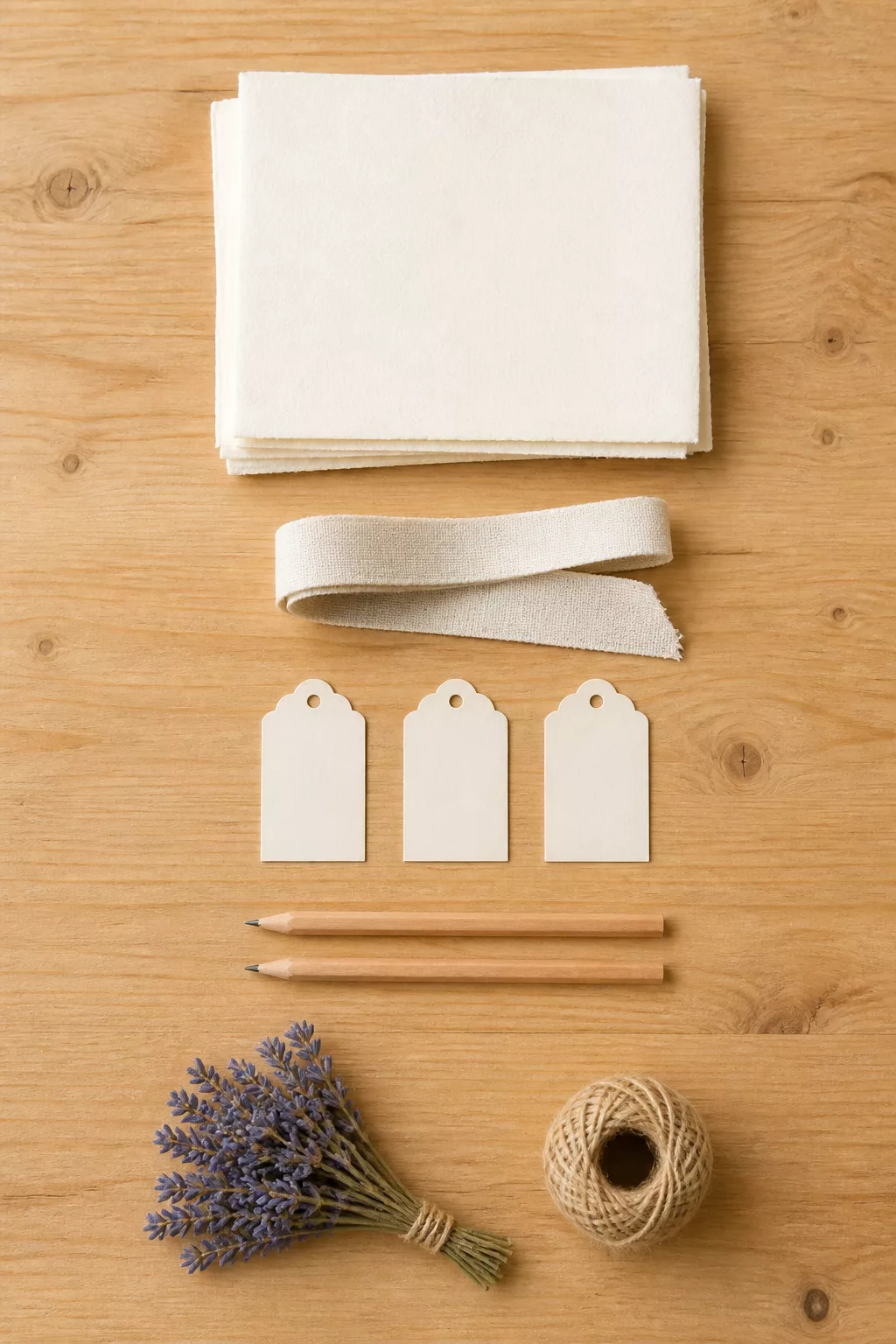 Bastelmaterial für ein Rezeptbuch: Papier, Leinenband und Trockenlavendel von oben