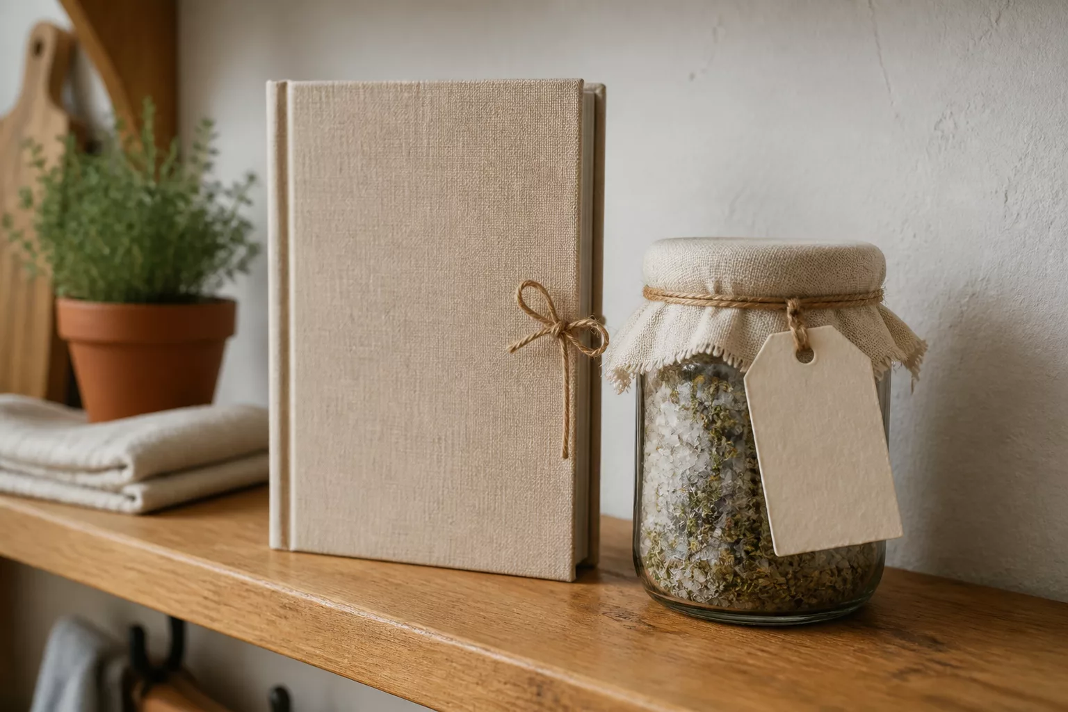 Fertiges Rezeptbuch und Kräutersalz im Glas auf Küchenregal