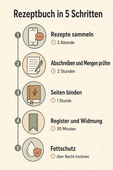 Schritt-Plan Grafik: Rezeptbuch für Oma in fünf Etappen