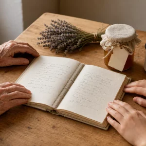 Geschenkideen für Oma: handgeschriebenes Rezeptbuch neben Marmeladenglas und Lavendel