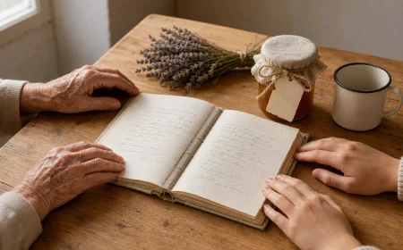 Geschenkideen für Oma: handgeschriebenes Rezeptbuch neben Marmeladenglas und Lavendel