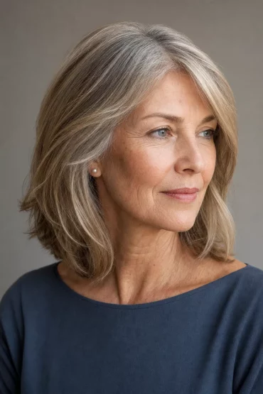 Gestufter Long Bob mit sanftem Grey Blending, Dreiviertelansicht