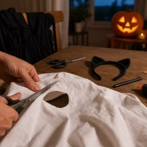 Last-Minute-Halloween-Kostüm: Material für heute Abend auf dem Wohnzimmertisch
