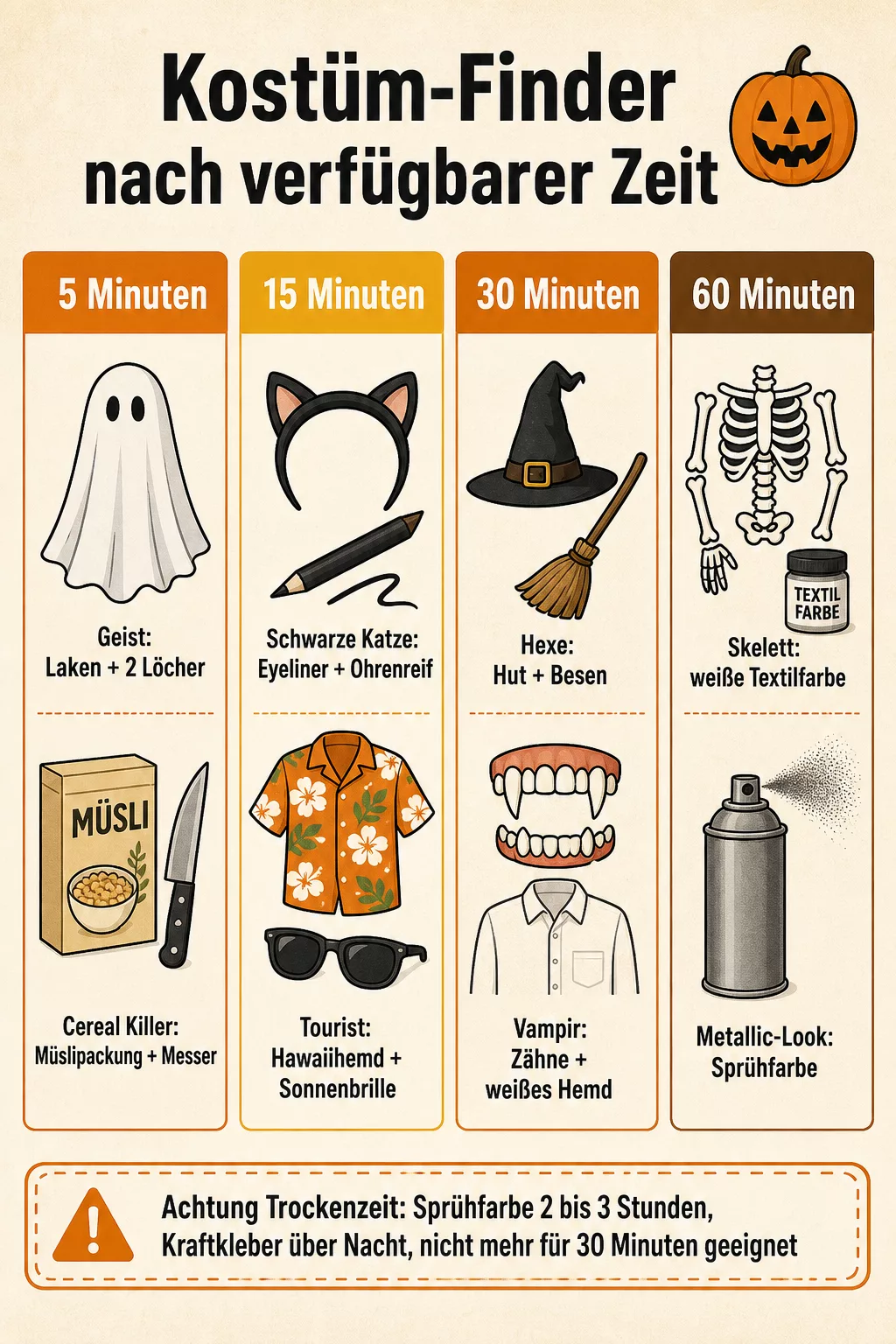Infografik: Last-Minute-Halloween-Kostüm nach verfügbarer Zeit in vier Stufen