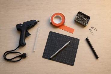 Notfallkoffer mit Heißklebepistole, Klebeband, Sicherheitsnadeln und Cutter