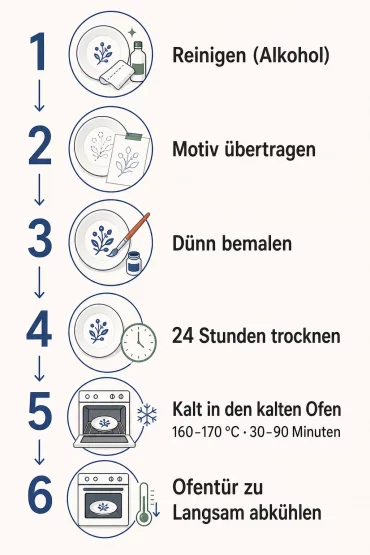 Grafik zeigt sechs Schritte vom Reinigen bis zum Einbrennen