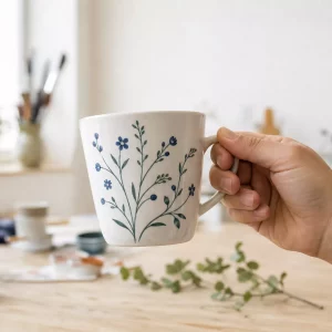 Porzellan bemalen: Hand hält weiße Tasse mit floralem Motiv