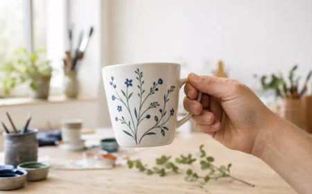 Porzellan bemalen: Hand hält weiße Tasse mit floralem Motiv