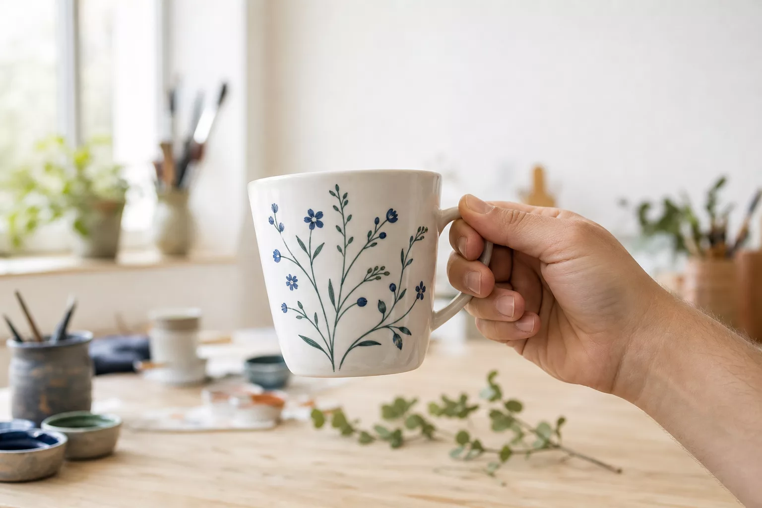 Porzellan bemalen: Hand hält weiße Tasse mit floralem Motiv