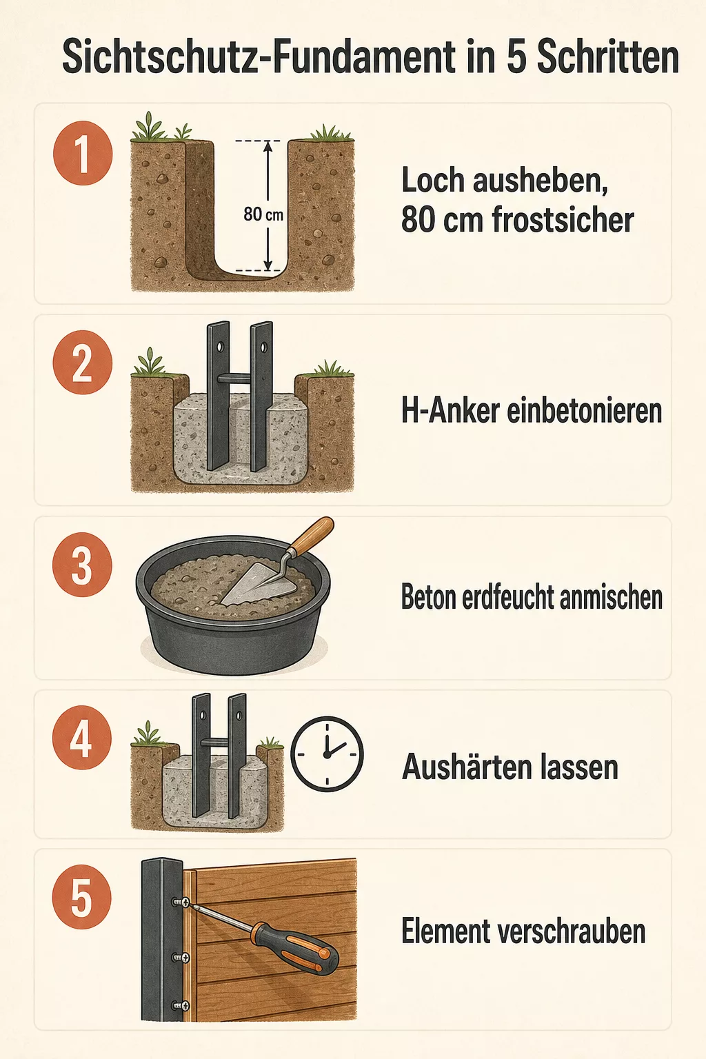 Infografik Sichtschutz-Fundament in 5 Schritten