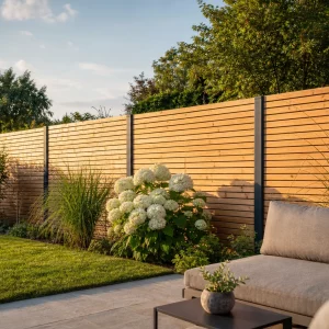 Sichtschutz Ideen: moderner Garten mit Holzlamellen-Zaun und Sitzecke