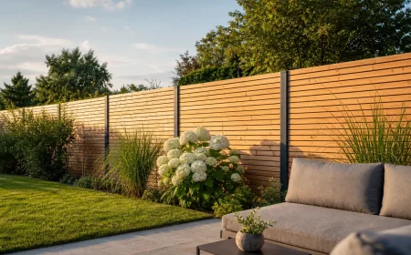 Sichtschutz Ideen: moderner Garten mit Holzlamellen-Zaun und Sitzecke