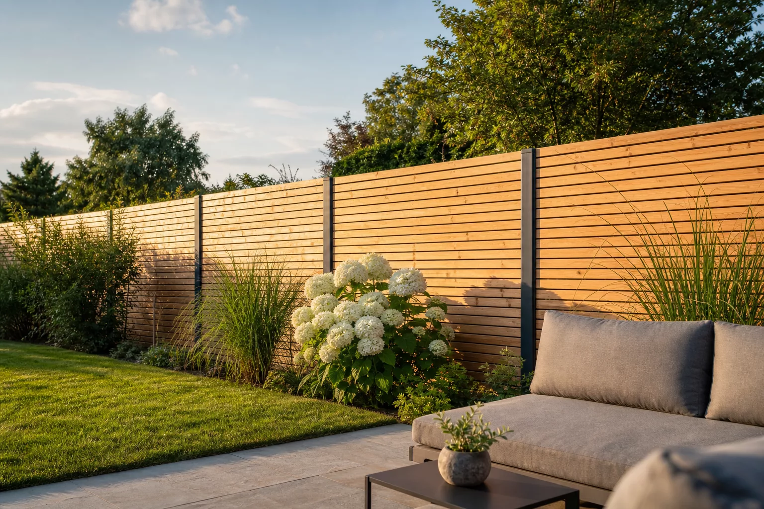 Sichtschutz Ideen: moderner Garten mit Holzlamellen-Zaun und Sitzecke