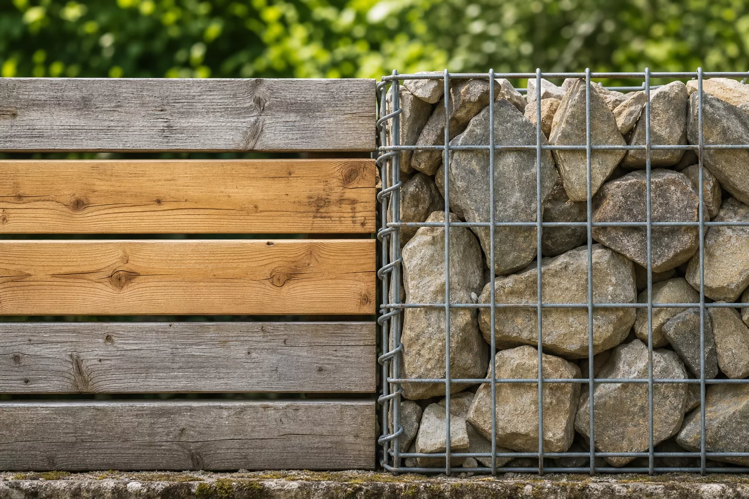 Materialvergleich Sichtschutz: Holzlamellen und Gabionenkorb im Detail