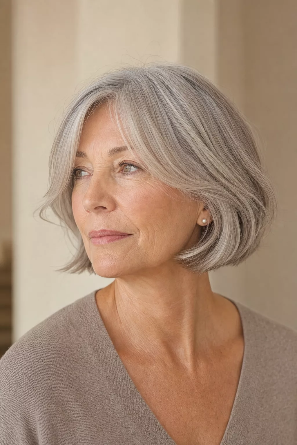 Ergrauender stufiger Bob mit weichen Curtain Bangs