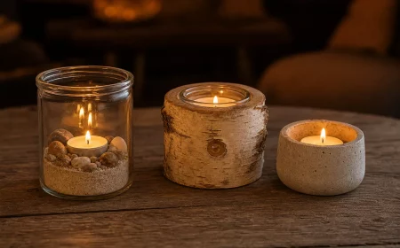 Teelichter basteln: Kerzenhalter aus Glas, Holz und Beton im Kerzenlicht