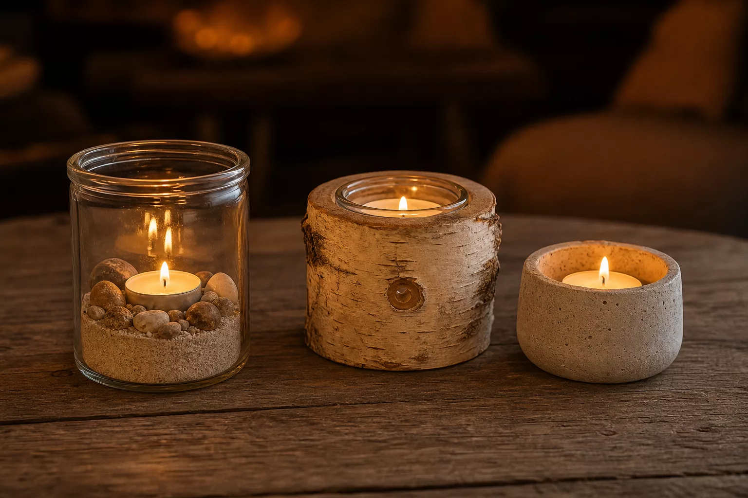 Teelichter basteln: Kerzenhalter aus Glas, Holz und Beton im Kerzenlicht