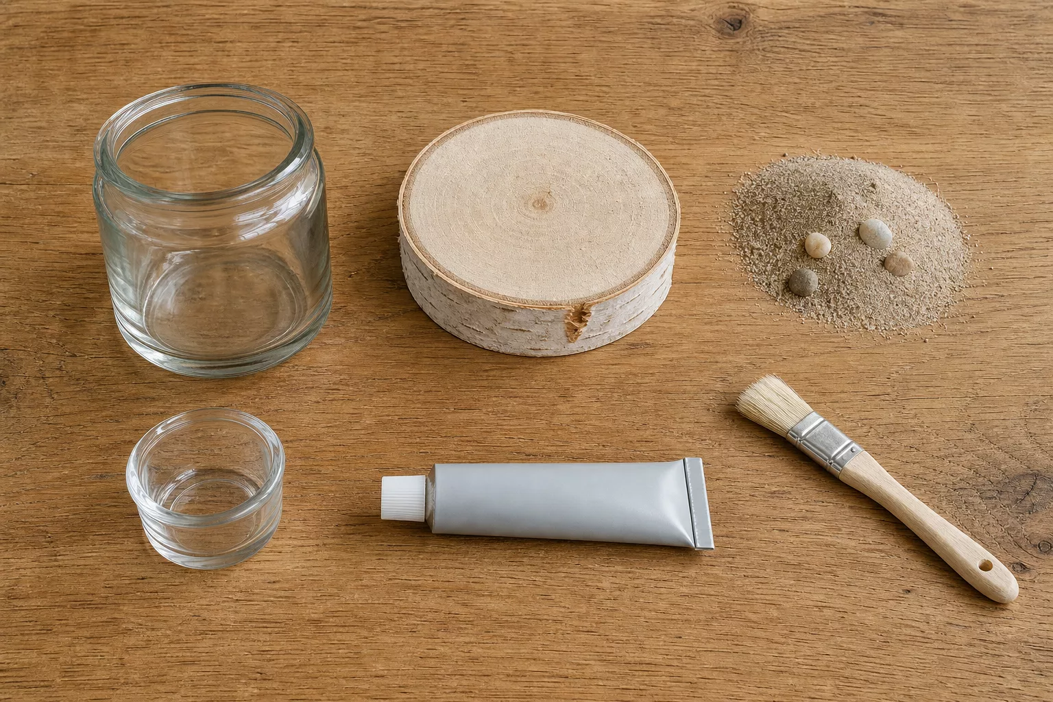 Materialien für Teelichthalter: Glas, Holz, Sand und Klebstoff