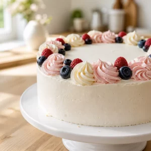 Torten verzieren: fertig dekorierte Torte mit Buttercreme Rosetten und Beeren