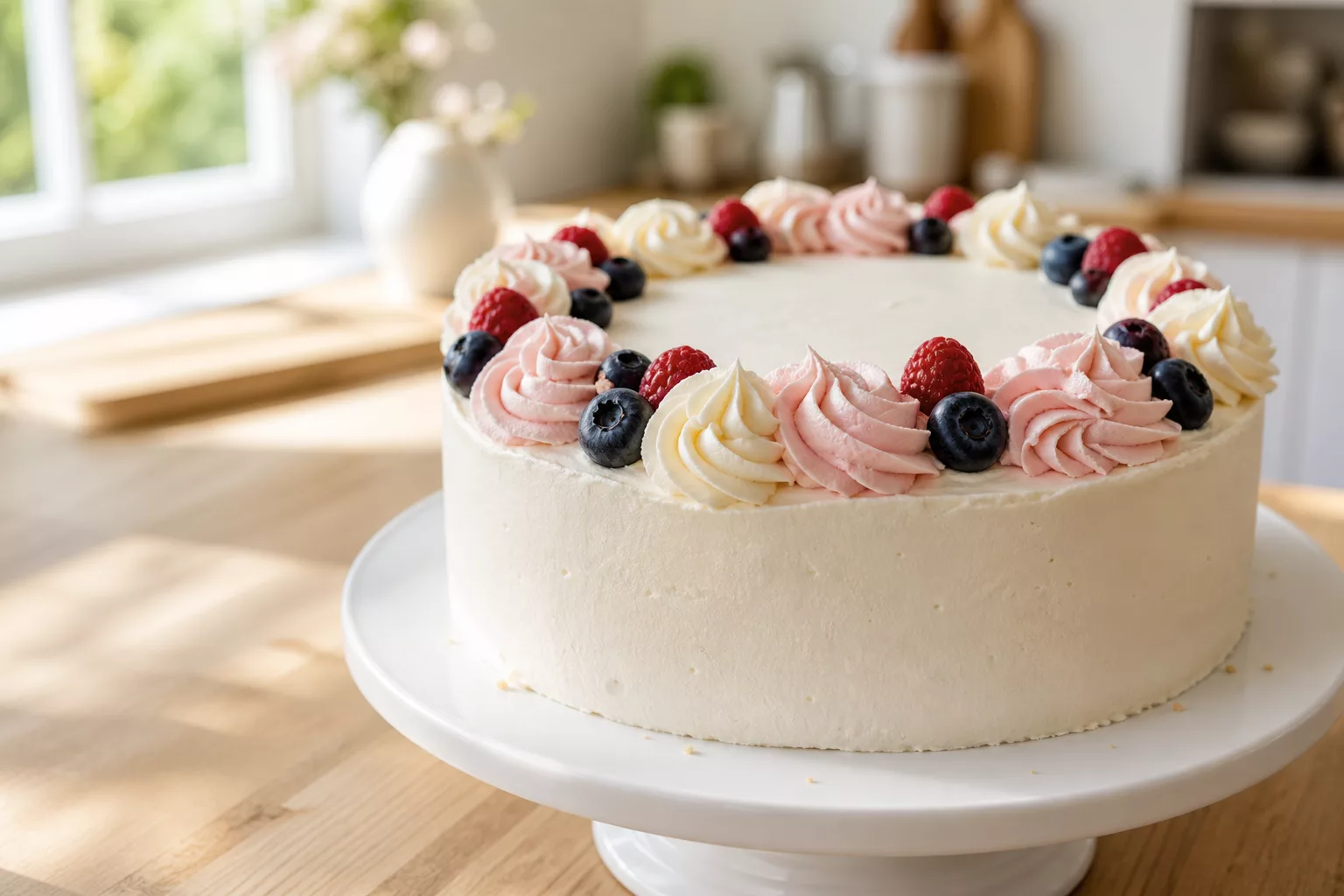 Torten verzieren: fertig dekorierte Torte mit Buttercreme Rosetten und Beeren