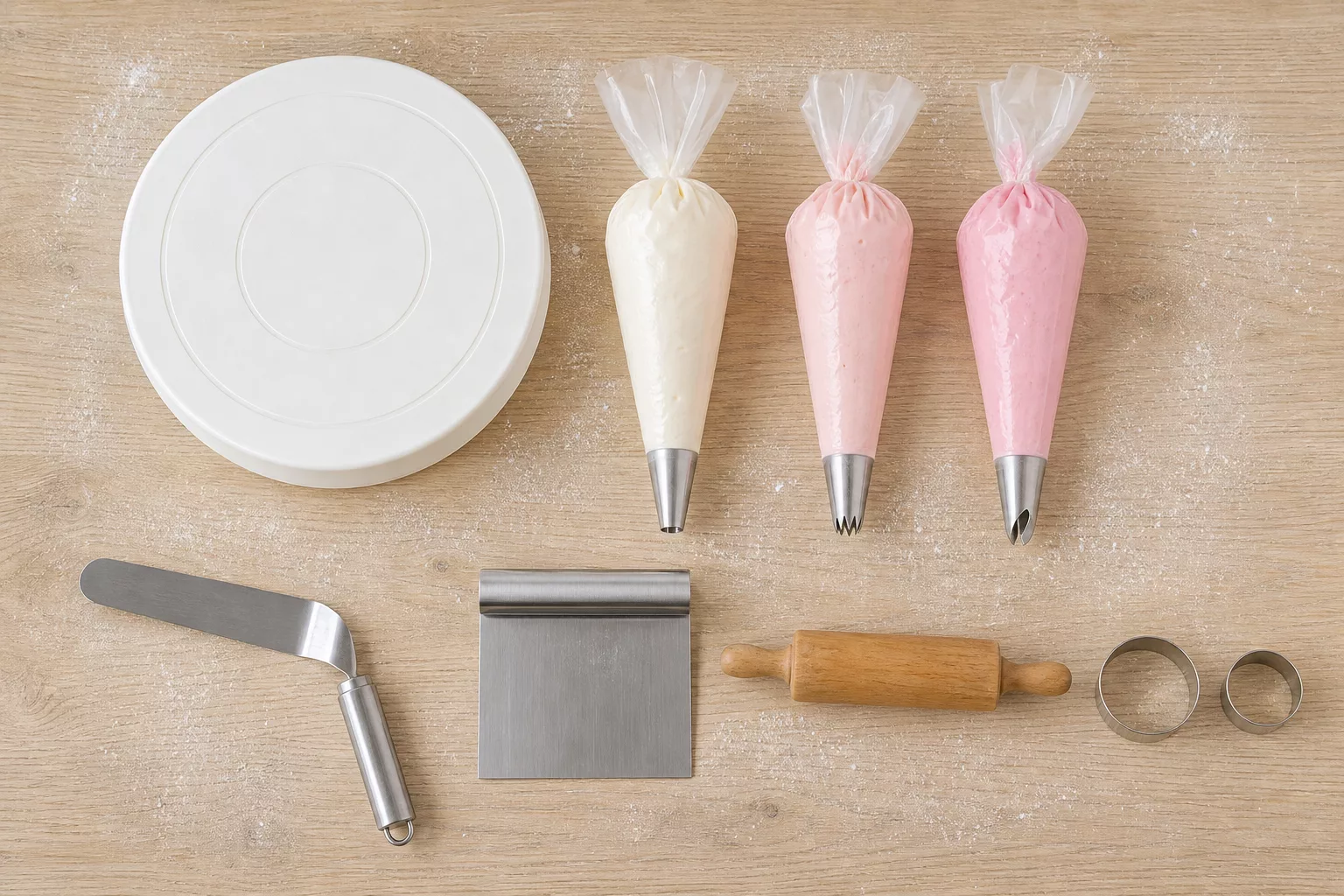 Grundausstattung zum Torten verzieren: Palette, Spritzbeutel, Tortenglätter