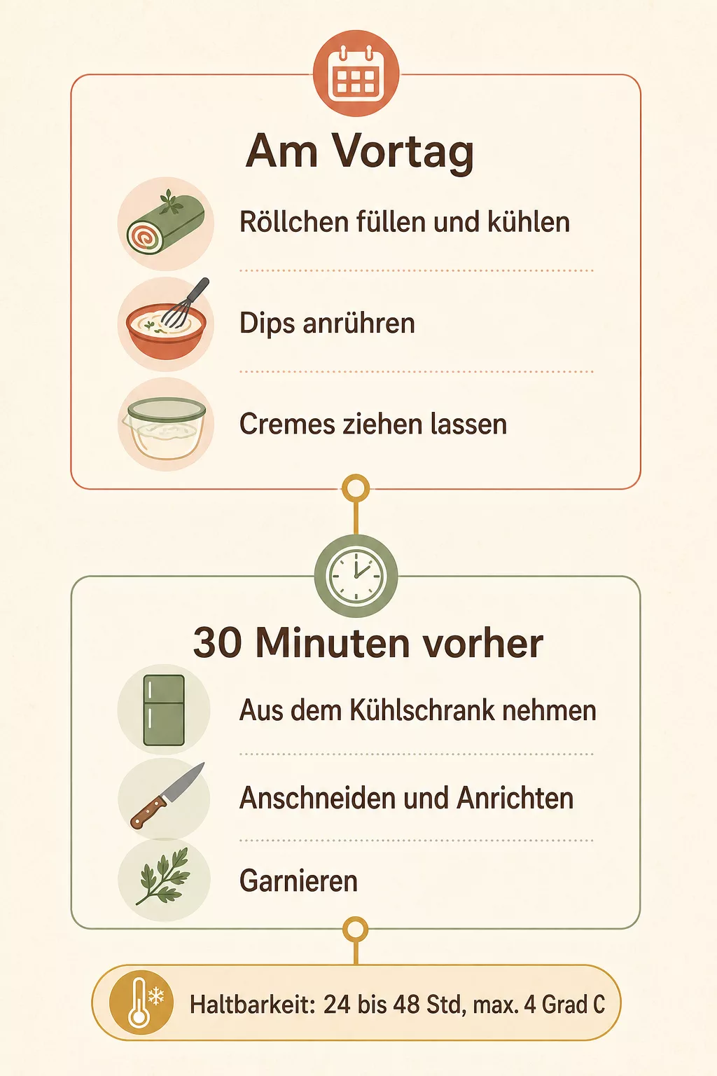 Infografik Vortag-Fahrplan für schnelles Fingerfood am Vortag zubereiten