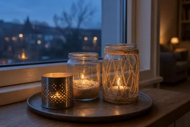 Drei Windlichter auf der Fensterbank in der Dämmerung