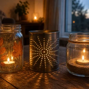Windlichter basteln aus Einmachglas, Konservendose und Sandschicht