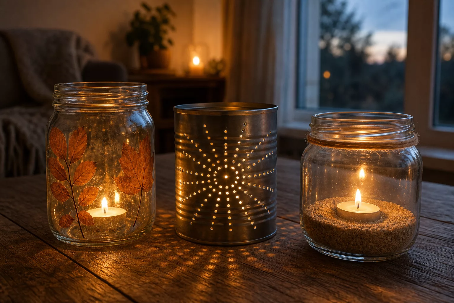 Windlichter basteln aus Einmachglas, Konservendose und Sandschicht