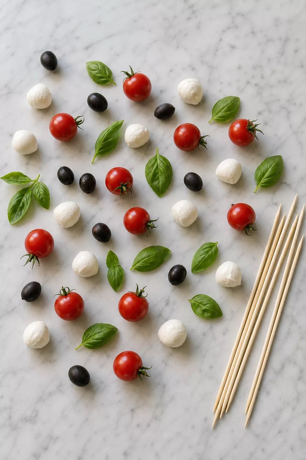 Zutaten für mediterrane Spieße mit Tomate und Mozzarella
